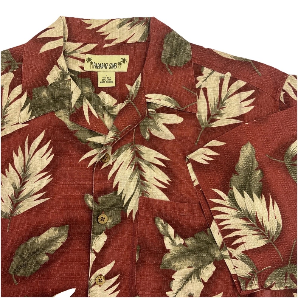 Paradise Coves Men's Red Palm Large Hawaiian Camp Button‎ Shirt Linen Silk Blend